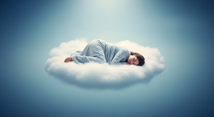 Child sleeping peacefully on a cloud, in a dreamy blue sky, concept of relaxation and serenity