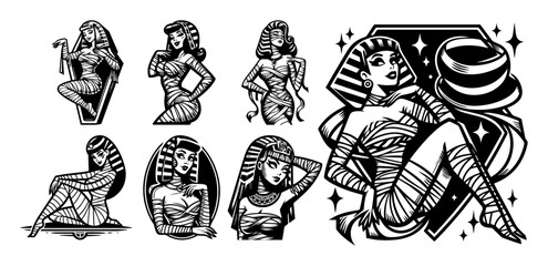 retro mummy pin-up girls – halloween costume vector illustration set