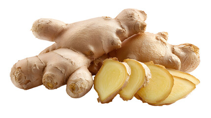 A close up of a piece of ginger root with a few slices cut off