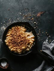 A classic American mac and cheese with a golden, crispy breadcrumb topping, served in a cast iron skillet