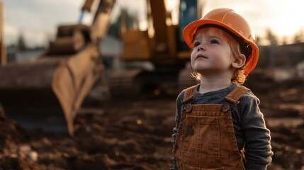 A young child in safety gear gazes up at towering construction equipment, embodying curiosity and excitement as they explore the world of building and engineering.