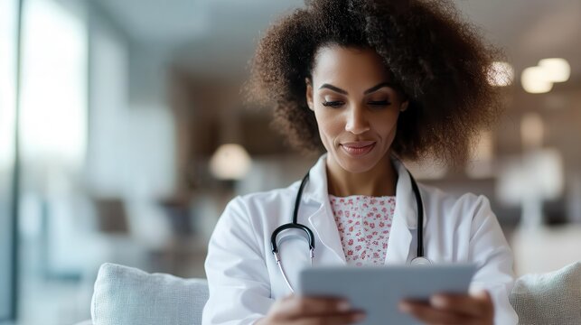 A focused female doctor in a lab coat is attentively reading information on a tablet, showcasing dedication and professionalism in a modern medical environment. - Powered by Adobe