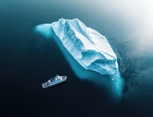 Massive iceberg floats in deep blue water, small yacht nearby