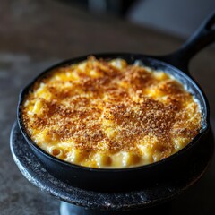 A classic American mac and cheese with a golden, crispy breadcrumb topping, served in a cast iron skillet
