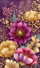 A vibrant floral illustration featuring a mix of purple, gold, and pink flowers surrounded by delicate foliage, perfect for adding a touch of elegance to any design.