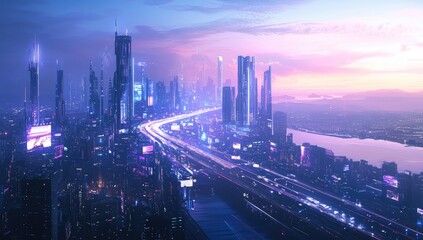 Naklejka premium Futuristic city skyline at twilight
