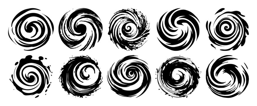black spiral brush icons – vector swirl shapes collection