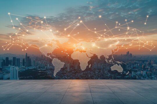 Global network cityscape at dawn.  World map overlaid on urban skyline, connected by glowing lines.  Empty concrete platform in foreground - Powered by Adobe
