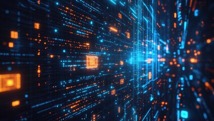 Abstract digital circuit board, glowing orange & blue