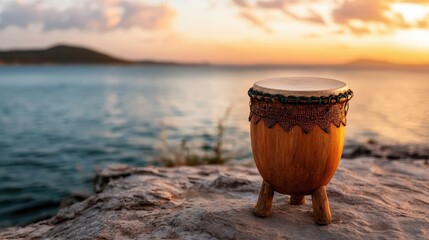 A beautifully crafted drum placed on a rocky shoreline with a stunning sunset over the water, depicting an artistic blend of music and nature in a tranquil setting.