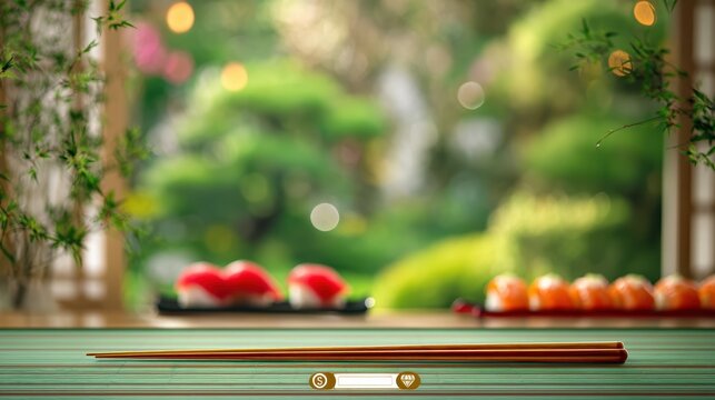 Sushi bar ad with chopsticks icon and blank speciality roll area on a softly blurred Japanese garden scene