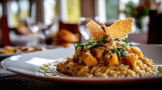 Butternut squash risotto crowned with parmesan tuile on a softly blurred Italian trattoria backdrop under perfect lighting
