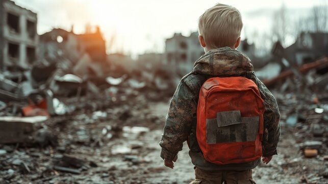 This poignant image of a young boy standing amidst a war-torn landscape evokes feelings of loss, resilience, and hope, capturing a moment of innocence amidst devastation and chaos.