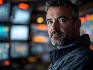 Focused Man in Control Room Surrounded by Digital Displays