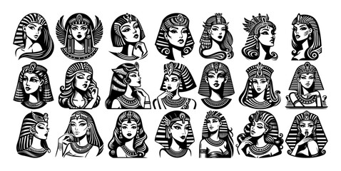 ancient egyptian women portraits &ndash; pharaoh and queen vector set