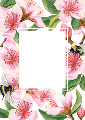 Watercolor frame with a branch with pink peach flowers and leaves and bumblebee flying to the flowers. Ideal for wedding invitations, greeting cards, branding, packaging, interior