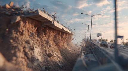 Ground-shaking earthquake fissuring a highway with tilted lamp posts and dust clouds on a softly blurred urban street background