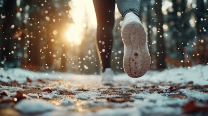 A runner strides through a snowy forest at sunset, capturing the essence of winter’s beauty and the spirit of determination amidst falling snowflakes.