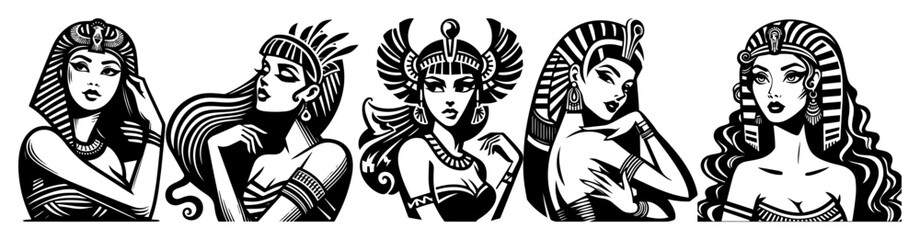 cleopatra and egyptian goddess portraits – tattoo style vector set