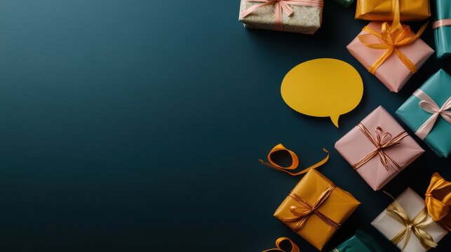 A vibrant collection of wrapped gifts surrounded by a blank speech bubble, ideal for conveying messages and sentiments during celebrations or special occasions.