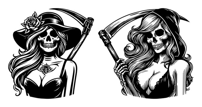 sexy grim reaper girls &ndash; female skeleton death vector set