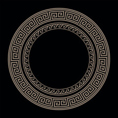 Patterns of Greece and ancient Rome. Golden Greek round frame. Gold Round ornament. Greek meander. Circle european border. Round antique greek border. Typical egyptian, assyrian and greek motives