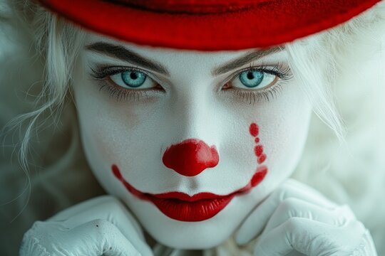 Close-up of a captivating clown with striking blue eyes, wearing a red hat and gloves, posing with a painted smile and teardrop