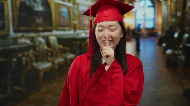 Woman in red graduation robe inside museum points to lips, symbolizing silence and education in an elegant art gallery.