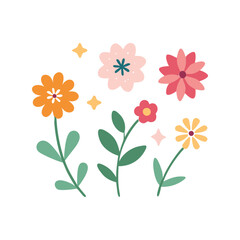 Flat minimal flowers vector illustration, simple floral design, colorful spring blooms, modern botanical art

