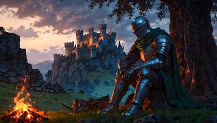 Fototapeta premium Knight's Evening Rest: Medieval Castle & Campfire Under Dusk Sky