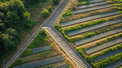 Obraz premium Aerial view of solar farm with rows of solar panels surrounded by greenery, showcasing sustainable energy and environmental harmony