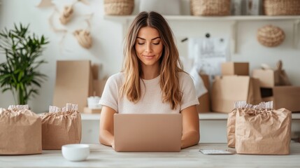 A focused woman working on her laptop surrounded by elegantly arranged brown paper bags, symbolizing productivity and creativity in a home office environment.