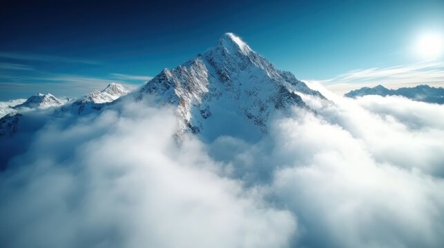 A breathtaking aerial view of a majestic snow-capped mountain towering over soft clouds, creating a dramatic contrast in a serene and beautiful natural landscape.