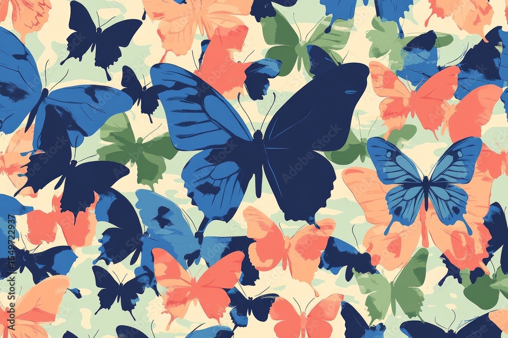 Poster colorful butterflies are flying in a seamless pattern, creating a vibrant and dynamic background des