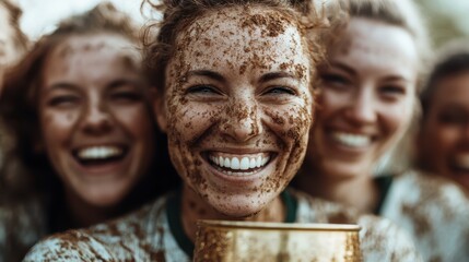 A group of joyful friends with muddy faces, sharing laughter and camaraderie, representing the fun of outdoor adventures, bonding experiences, and the joy of living life fully.