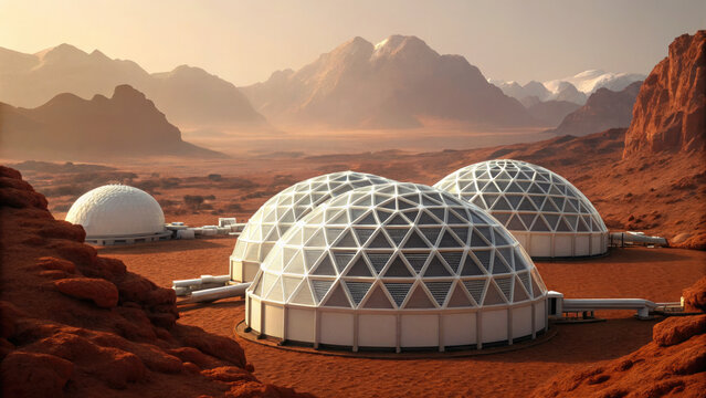 Futuristic Mars colony with geodesic domes nestled in red, rocky landscape, surrounded by mountains under hazy sky