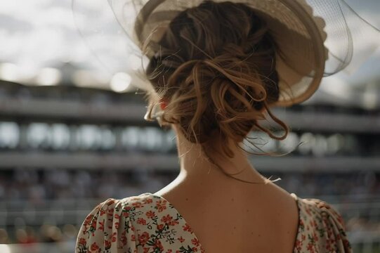 A young Caucasian woman with brown hair wears a large decorative hat and a floral dress. She stands outdoors at a horse racing event with a crowd in the background.