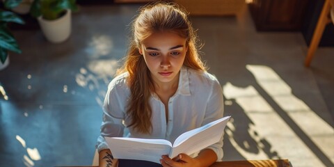 A woman reading a book in a comfortable indoor setting with sunlit shadows creating a cozy atmosphere.