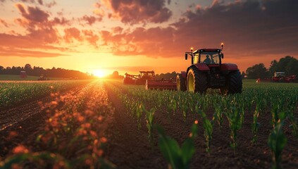 Fototapeta premium Agricultural machinery working in a cornfield at sunset