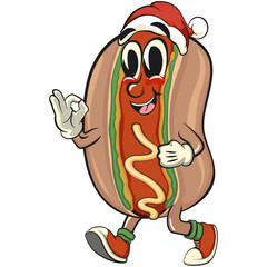cute hot dog mascot cartoon vector illustration wearing a Santa Claus hat, funny fast food character isolated on transparent background, work of hand drawn