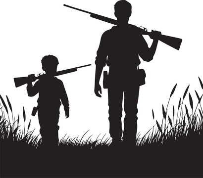  Father and Son Hunting Silhouette with Rifles in Tall Grass.new 2025 trendy