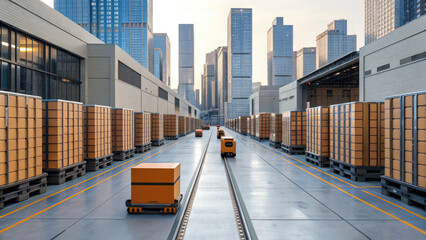 Modern automated warehouse with robotic vehicles transporting packages, surrounded by tall stacks of boxes and urban skyscrapers in background