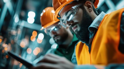 Two diligent construction workers in safety helmets and goggles focus on their task, showcasing commitment and professionalism in a modern working environment.