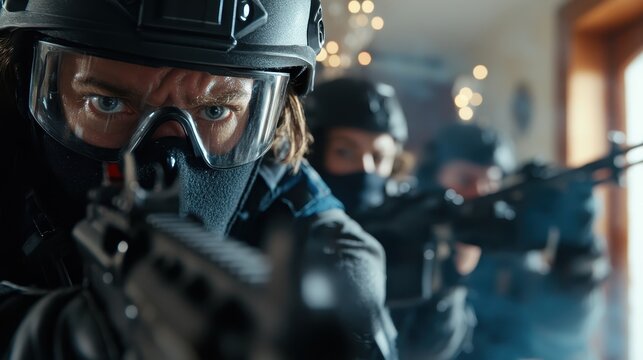 A focused tactical team with weapons drawn showcases teamwork and determination, ready for action in an urban environment, embodying the spirit of bravery and strategic planning.
