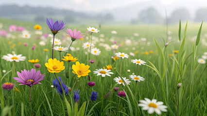 Vibrant meadow filled with colorful wildflowers, including daisies, yellow and purple blooms, surrounded by lush green grass under soft, hazy sky
