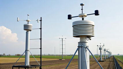 Weather monitoring stations with sensors and wind vanes in open agricultural field under clear sky