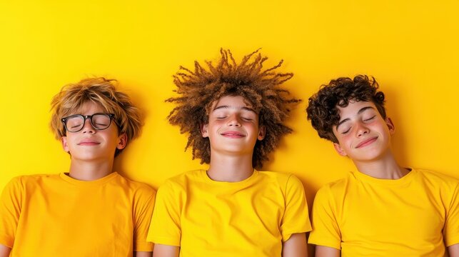 Three boys are lying on a bright yellow surface, eyes closed and faces relaxed, embodying the essence of carefree childhood and friendship in a vibrant and playful setting. - Powered by Adobe