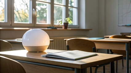 Modern classroom with natural light features glowing spherical lamp wooden desk, accompanied by open notebook, creating calm and focused