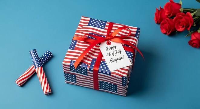 Happy 4th of July surprise gift box wrapped in USA flag paper with a red ribbon and tag, placed with roses on a blue background. Patriotic American holiday celebration concept for Independence Day.