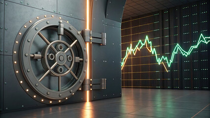 Large steel bank vault door is open, revealing secure interior, with glowing stock market graph displayed wall, symbolizing financial security